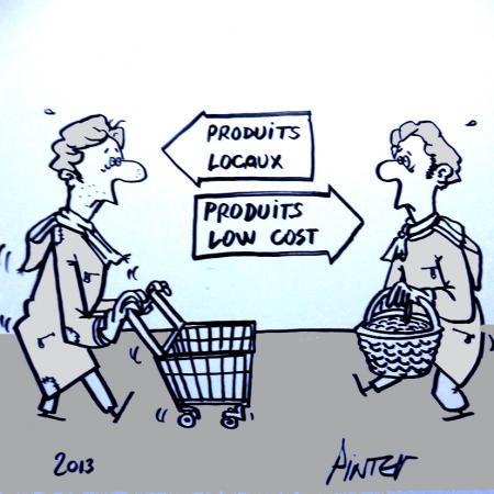 Dessin de Pintet "Produits low-cost - Produits locaux"