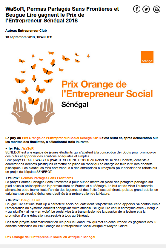 Prix Orange 2018 de l'Entrepreneur social du Sénégal