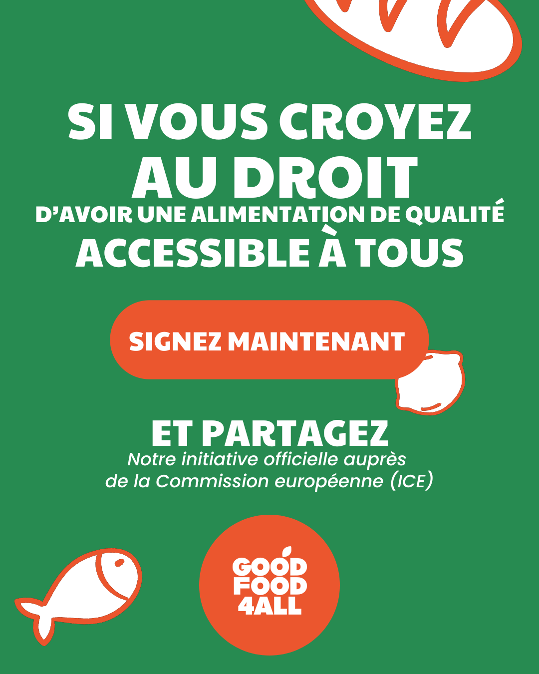 Visuel de GF4A : dessins d'aliments rouges sur fond vert avec slogan