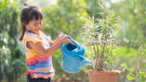 Photo d'une petite fille arrosant une plante