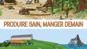 Page de couverture de la bande dessinées, représentant les protagonistes de la BD ainsi qu'un forêt et un champ exploités. 