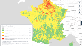 Capture d'écran de la carte interactive, l'eau est globalement beaucoup plus polluée dans le nord de la France que dans le sud