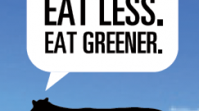 Cow saying "Meat eat less. Eat greener"