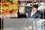 Photo du présentateur du documentaire entouré par des montagnes de nourriture. En haut de l'image un texte "Ciné-débat On mange quoi ?" et en bas les informations d'accès de l'événement.