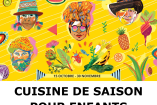 Affiche avec une illustration des visages et légumes. L'arrière-plan et jaune. Le texte est le suivant: FESTIVAL ALIMENTERRE. CUISINE DE SAISON POUR ENFANTS. 12.11. 16h - 19h. MJC Les Hauts de Belleville