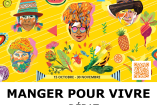 En haut de l'affiche, on peut lire « FESTIVAL ALIMENTERRE ». En dessous, il est écrit : « MANGER POUR VIVRE + DÉBAT ». L'événement aura lieu le 18 novembre à 19h30. Le lieu est le Centre Anim' Grange aux Belles.