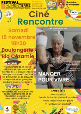 Banderole et affiche du festival alimenterre avec descriptif de l'évènement et affiche du film manger pour vivre 