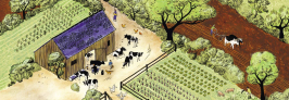 Illustration d'un ferme avec champs et animaux