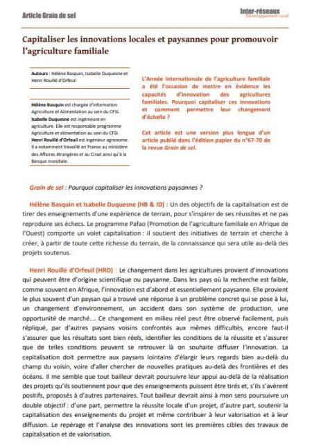 Capitaliser les innovations locales et paysannes pour promouvoir l’agriculture familiale