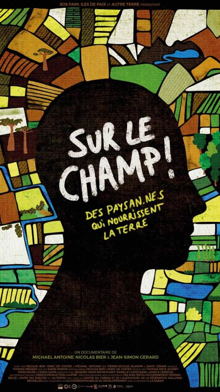 Les contours d'un visage en premier plan, une vue aérienne de champs en arrière plan