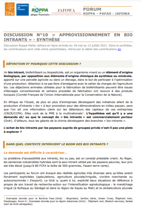 Synthèse discussion 10 Roppa Pafao Jafowa "Approvisionnement en bio intrants"
