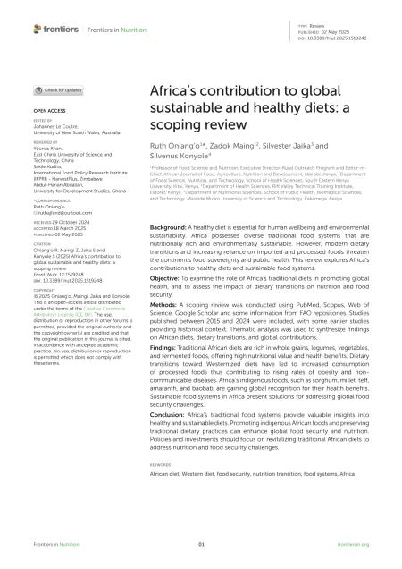 Oniang’o R, Maingi Z, Jaika S and Konyole S (2025) Africa’s contribution to global sustainable and healthy diets: a scoping review. Front. Nutr. 12:1519248. doi : 10.3389/fnut.2025.1519248